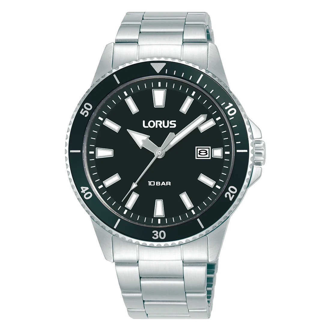 Lorus Gents Stainless Steel Watch – Black Dial, Date Display, 100m Water Resistant (RH999RX9)