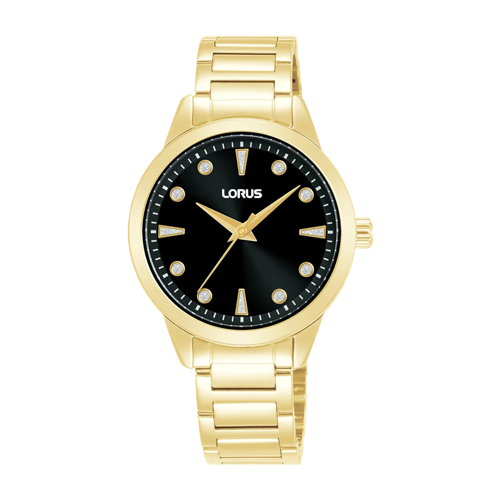 Lorus Ladies Dress Quartz Watch Gold Tone, Black Dial, 50M WR - RG270YX-9
