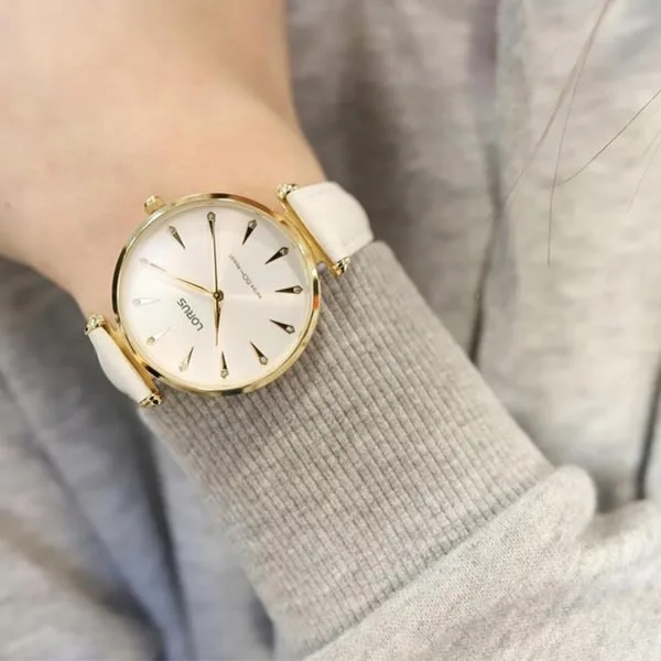 Lorus Ladies Gold Case Watch – White Dial, White Leather Strap, 34mm, 50m Water Resistant (RG240PX-9)
