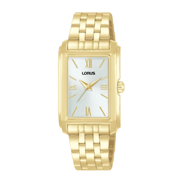 Lorus Ladies Gold Tone Rectangular Watch RRX74JX-9 – Elegant Stainless Steel Bracelet