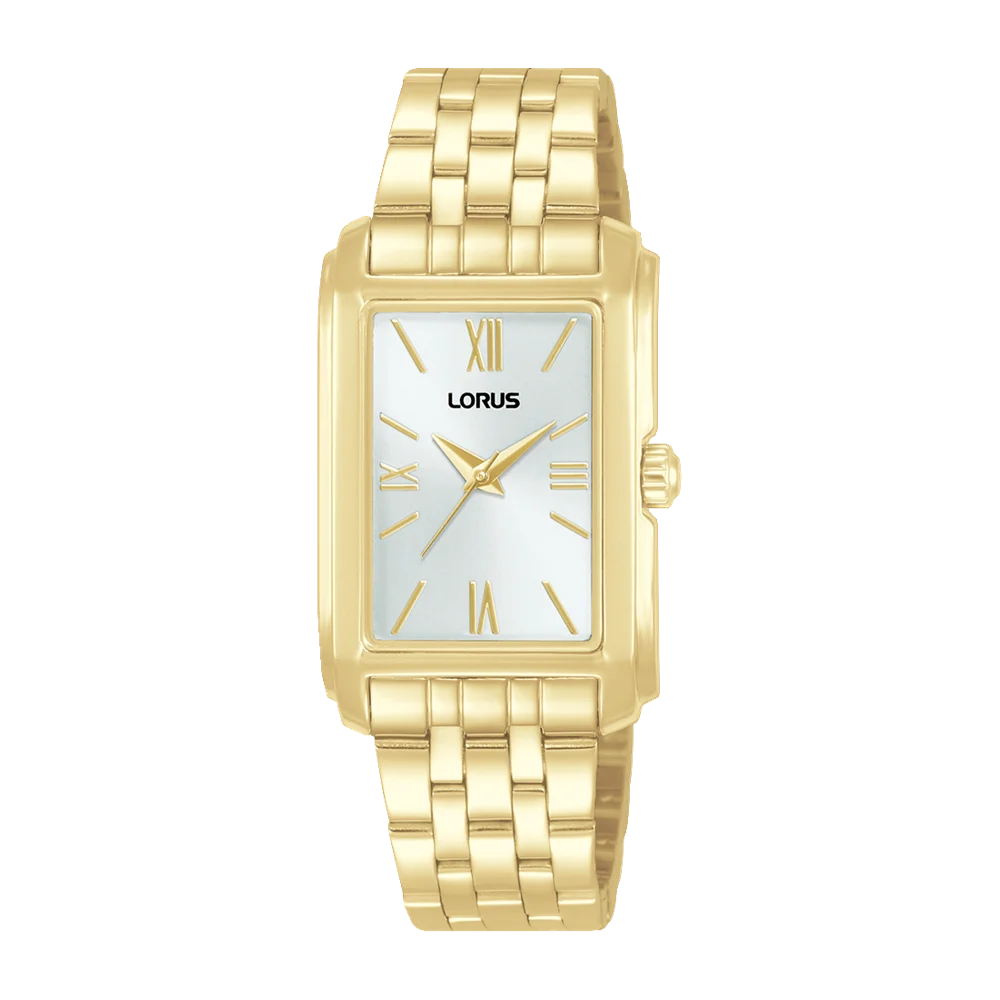 Lorus Ladies Gold Tone Rectangular Watch RRX74JX-9 – Elegant Stainless Steel Bracelet