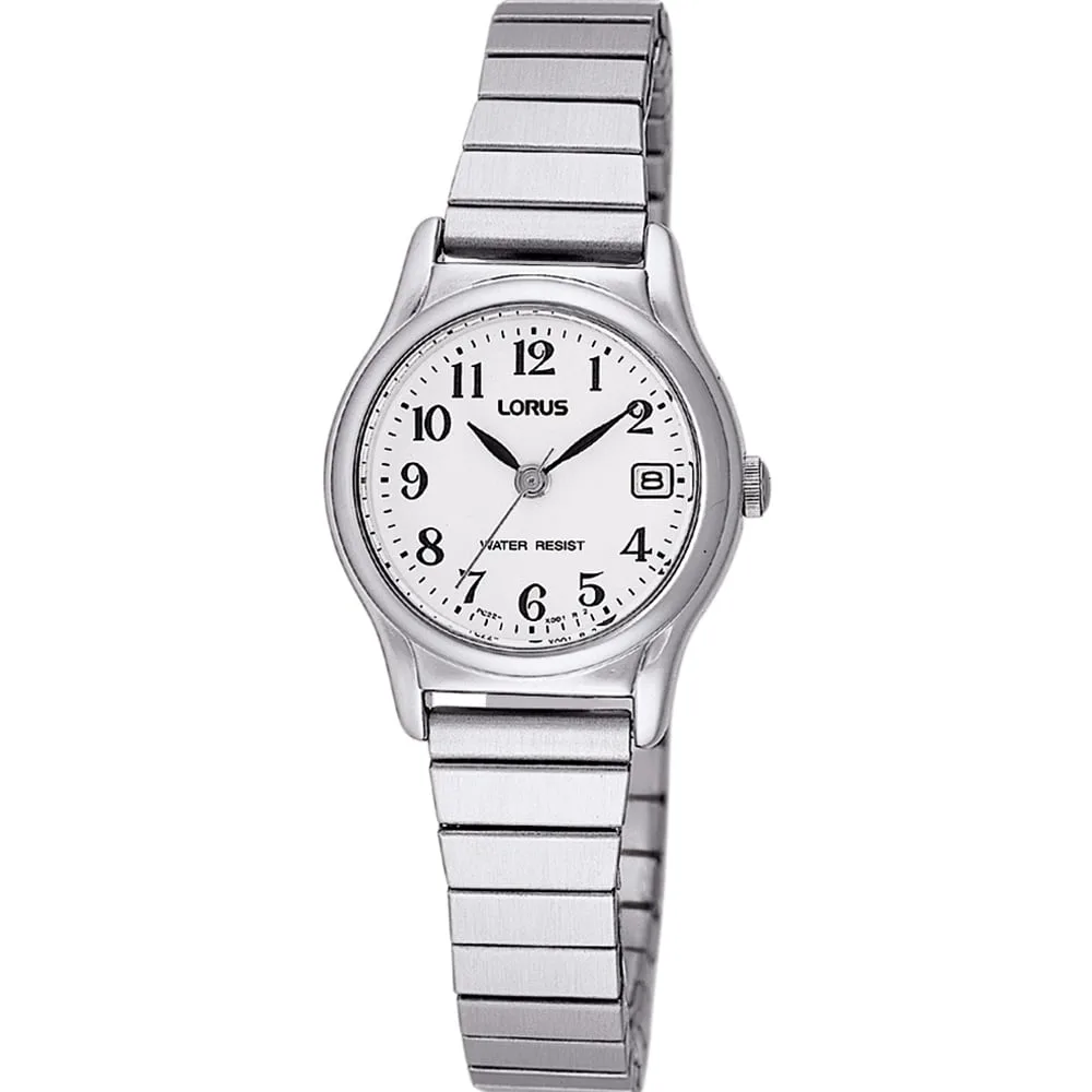 Lorus Ladies Stainless Steel Watch – White Dial, Date Display, Quartz (RJ205AX-9)