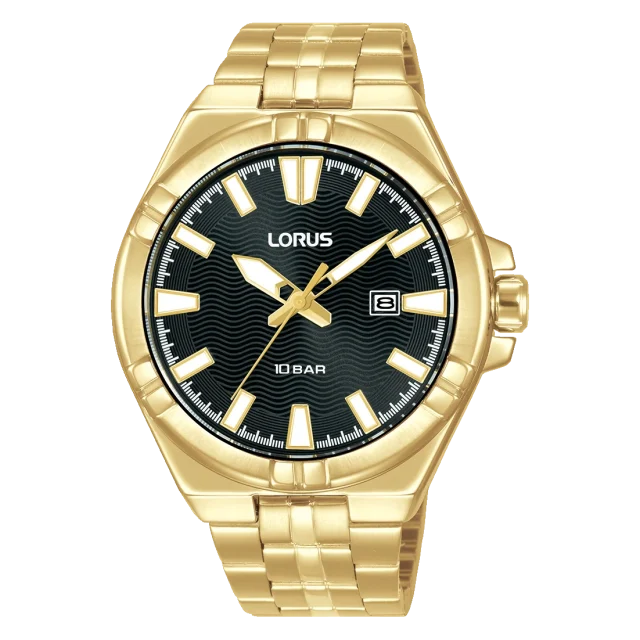 Lorus Men’s Gold Tone Watch, Black Dial, Date Display, 100m Water Resistant  - RH978RX9