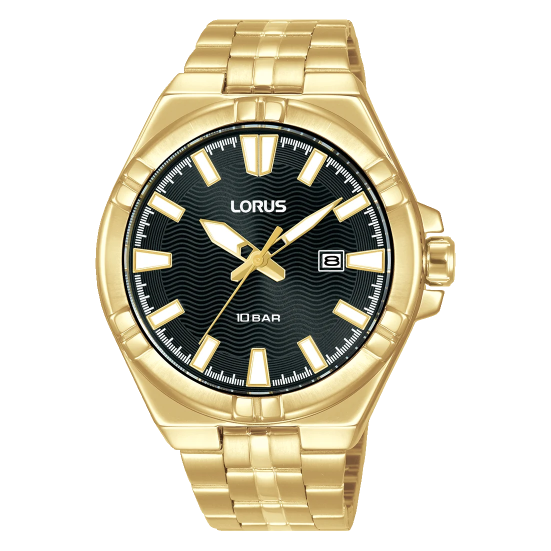 Lorus Men’s Gold Tone Watch, Black Dial, Date Display, 100m Water Resistant  - RH978RX9