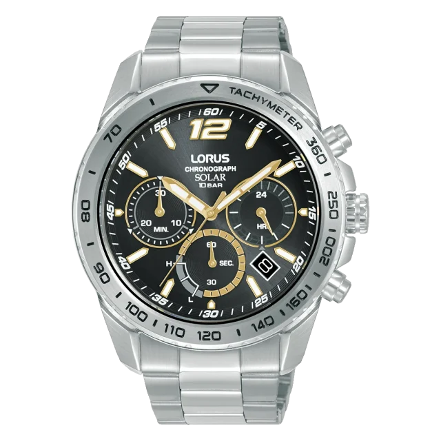 Lorus Men’s Solar Chronograph Watch – Black Dial, Date Display, 100m Water Resistant  - RZ509AX9