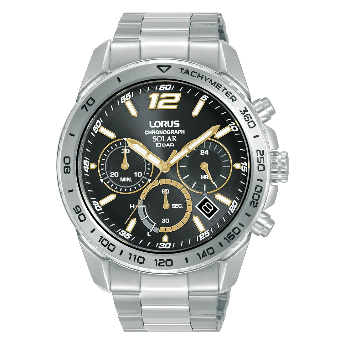 Lorus Men’s Solar Chronograph Watch – Black Dial, Date Display, 100m Water Resistant  - RZ509AX9