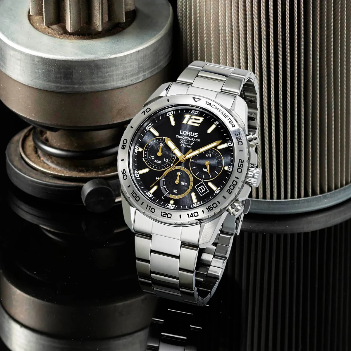 Lorus Men’s Solar Chronograph Watch – Black Dial, Date Display, 100m Water Resistant  - RZ509AX9