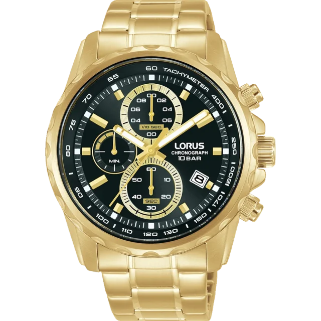 Lorus RM378JX-9 Men’s Gold-Tone Stainless Steel Chronograph – 43 mm Black Dial & Sport Elegance