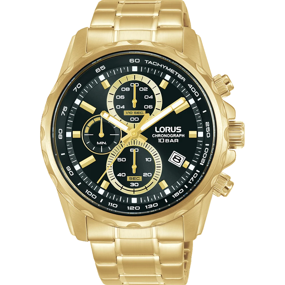 Lorus RM378JX-9 Men’s Gold-Tone Stainless Steel Chronograph – 43 mm Black Dial & Sport Elegance