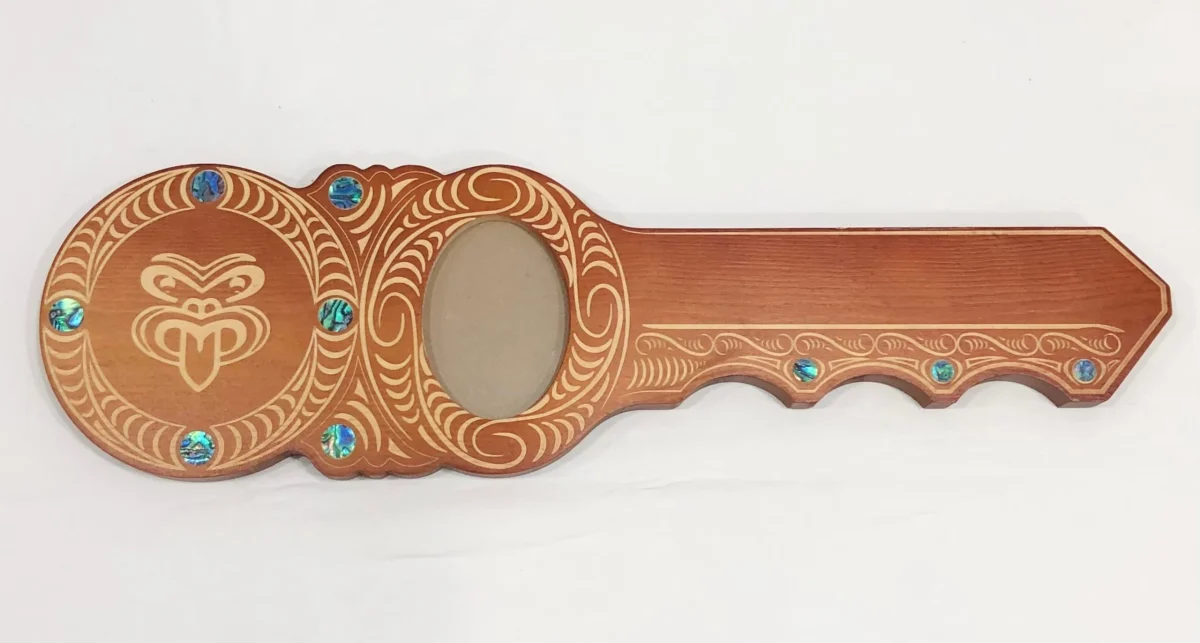 Maori Design Key with Laser Engraved Tiki Face & Round Paua Shell Inlay - Design S17