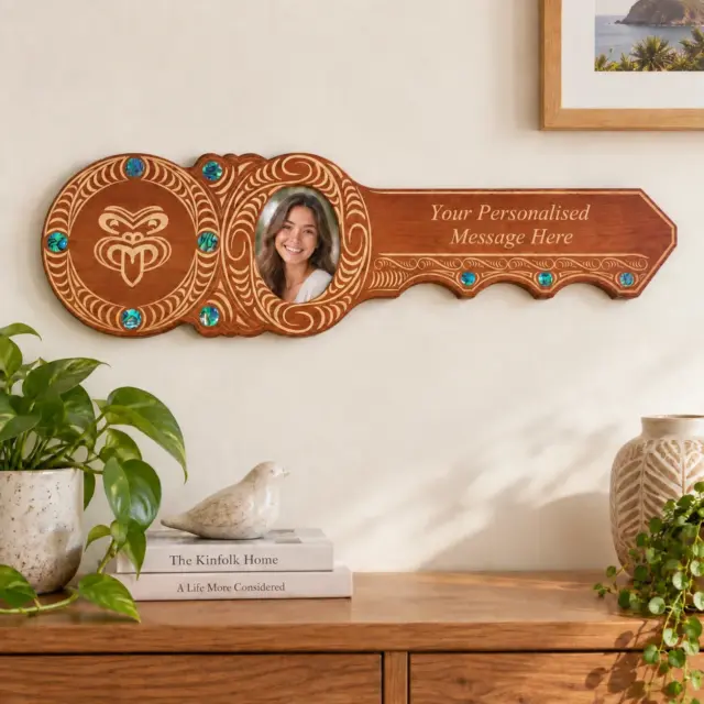 Maori Design Key with Laser Engraved Tiki Face & Round Paua Shell Inlay - Design S17