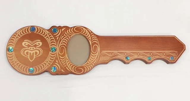 Maori Design Key with Laser Engraved Tiki Face & Round Paua Shell Inlay - Design S17
