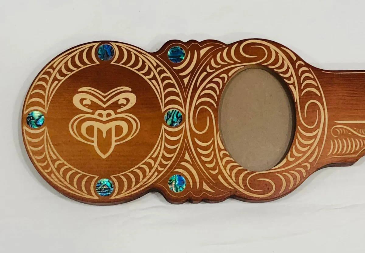 Maori Design Key with Laser Engraved Tiki Face & Round Paua Shell Inlay - Design S17