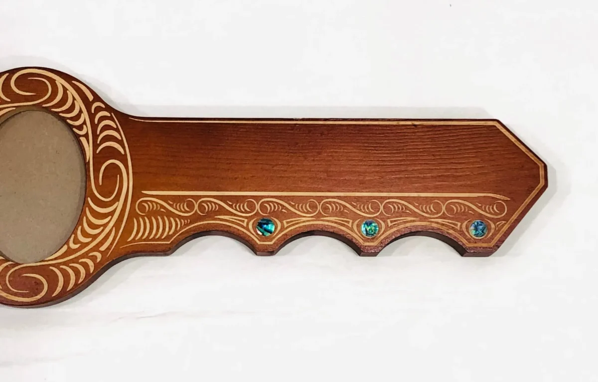 Maori Design Key with Laser Engraved Tiki Face & Round Paua Shell Inlay - Design S17