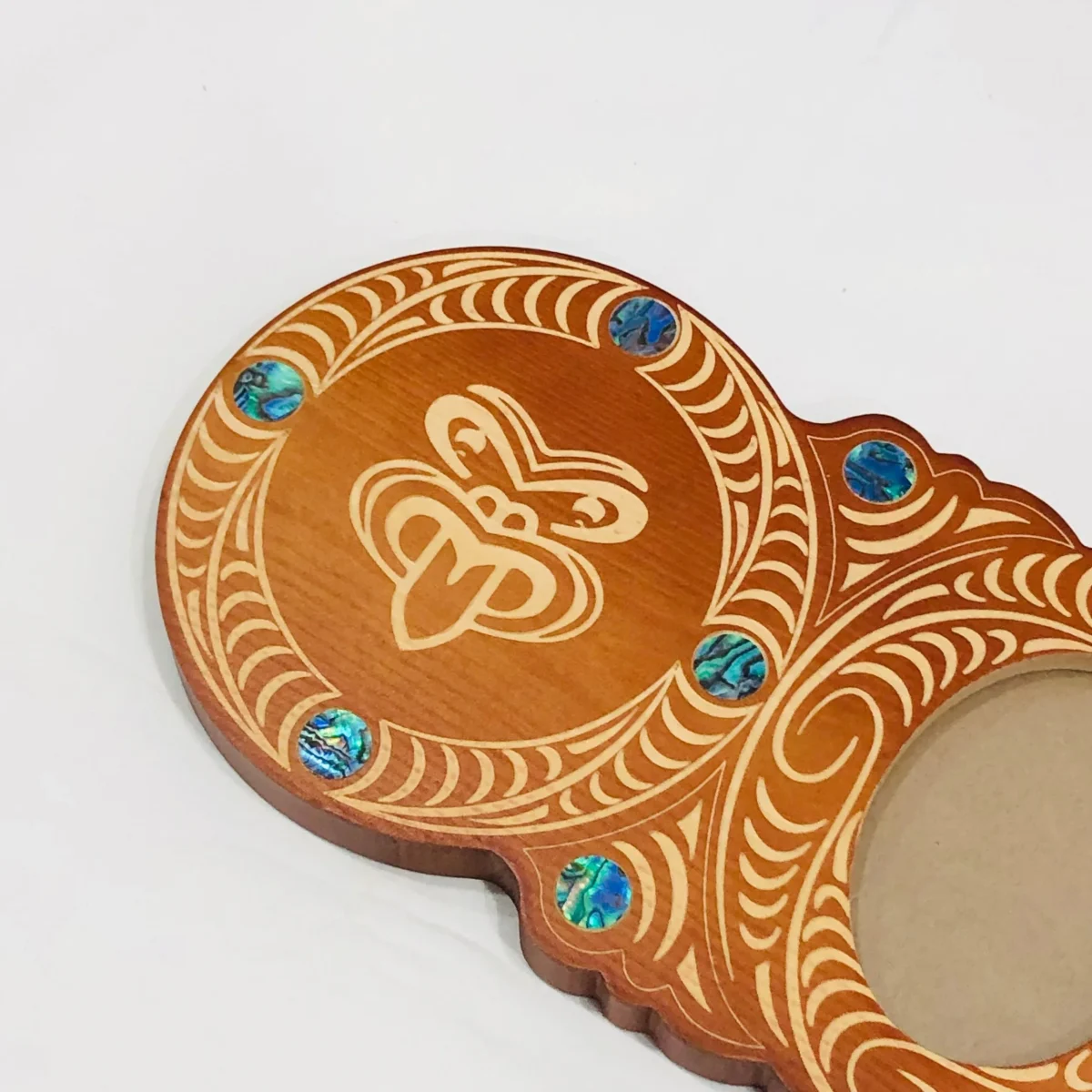 Maori Design Key with Laser Engraved Tiki Face & Round Paua Shell Inlay - Design S17