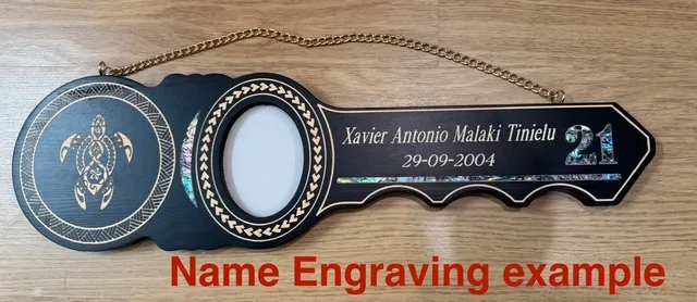 Maori Design Key with Laser Engraved Tiki Face & Round Paua Shell Inlay - Design S17