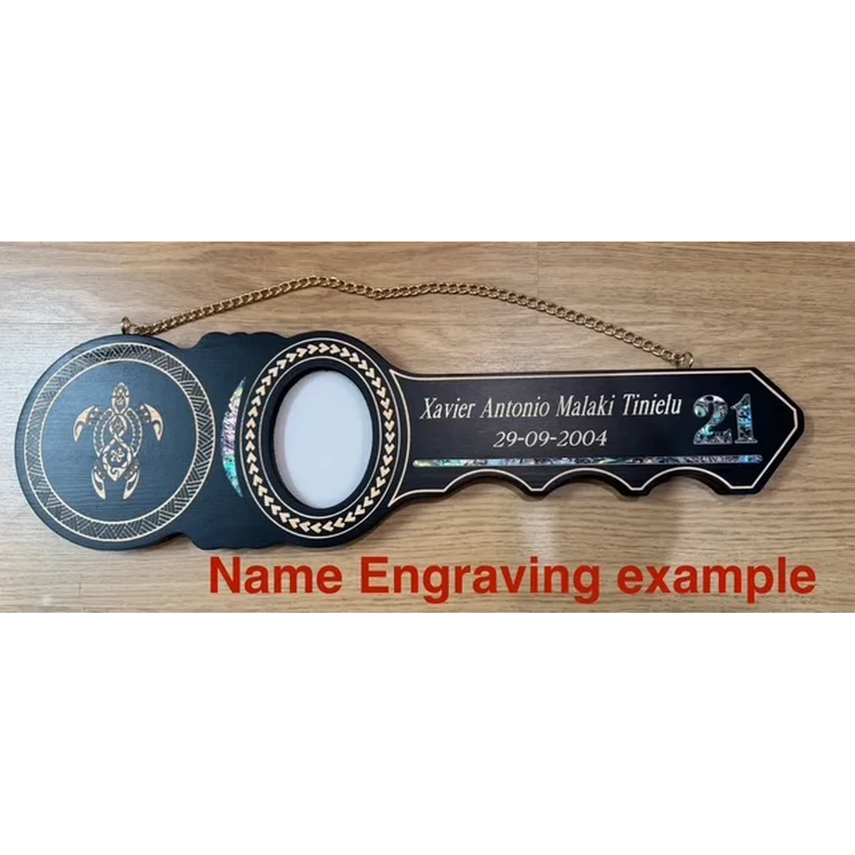 Island Design Wooden Key with Laser Engraved Patterns & Tongan Sila with Paua Shell Inlay - SJ2432