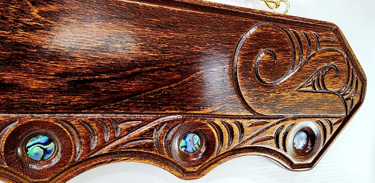 Maori / Island Mixed Design Hand Carved 50th Wooden Key with "50" Paua Shell Disk Insert