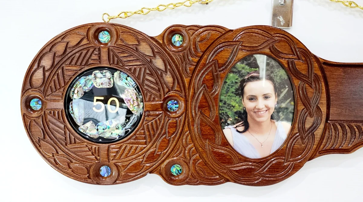 Maori / Island Mixed Design Hand Carved 50th Wooden Key with "50" Paua Shell Disk Insert