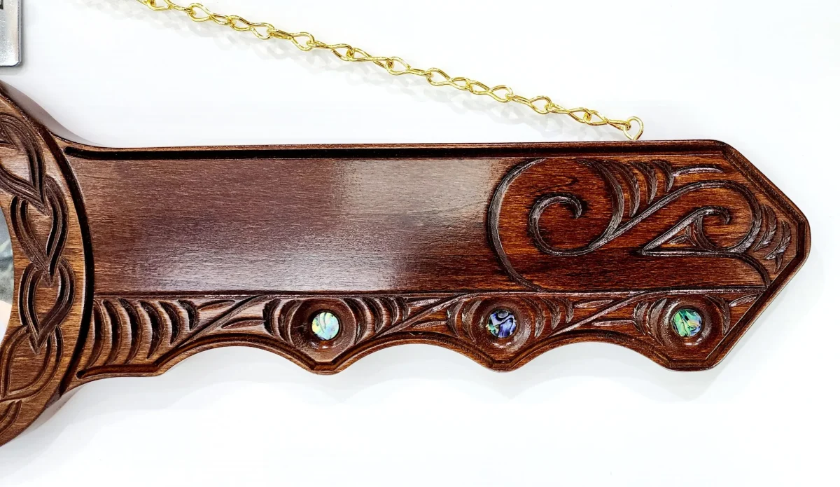 Maori / Island Mixed Design Hand Carved 50th Wooden Key with "50" Paua Shell Disk Insert