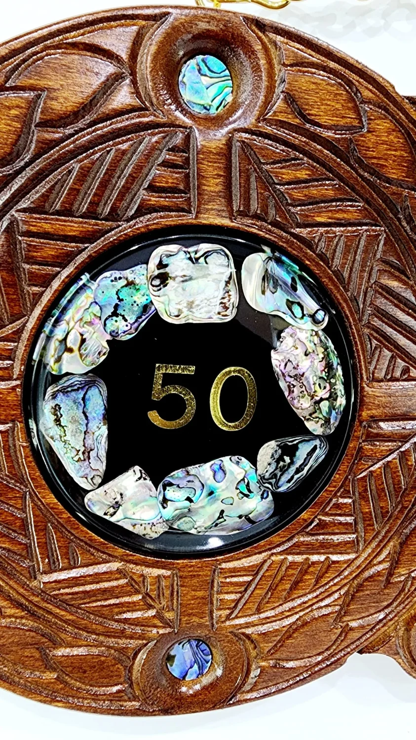 Maori / Island Mixed Design Hand Carved 50th Wooden Key with "50" Paua Shell Disk Insert