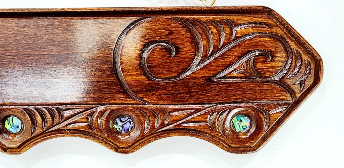 Maori / Island Mixed Design Hand Carved 50th Wooden Key with "50" Paua Shell Disk Insert