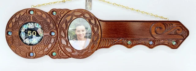 Maori / Island Mixed Design Hand Carved 50th Wooden Key with "50" Paua Shell Disk Insert