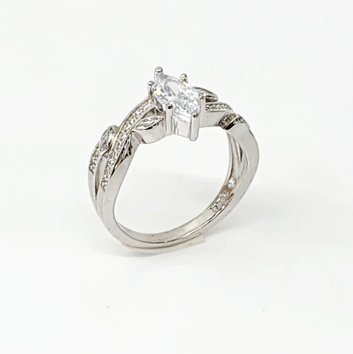 Marquise Cut CZ Engagement/Dress Ring with Crossover Pave Set Band in Sterling Silver