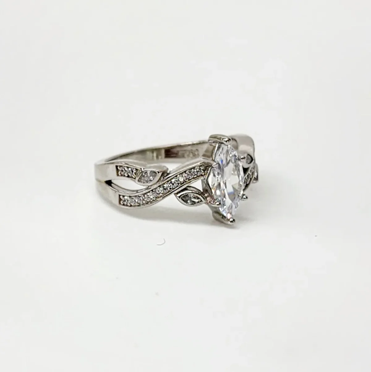 Marquise Cut CZ Engagement/Dress Ring with Crossover Pave Set Band in Sterling Silver