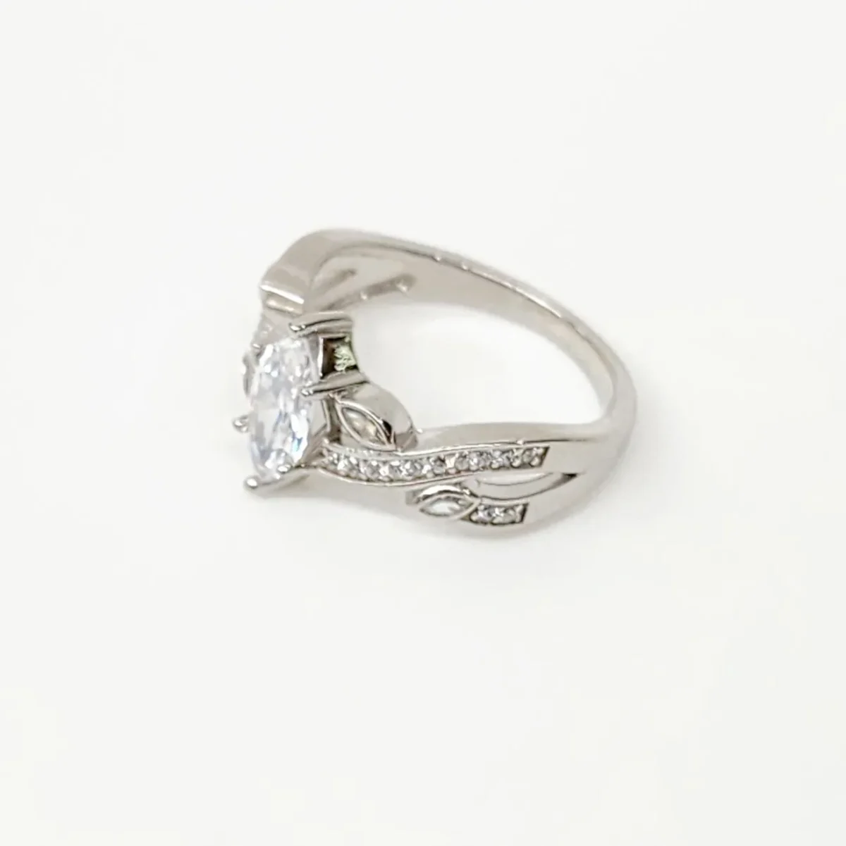 Marquise Cut CZ Engagement/Dress Ring with Crossover Pave Set Band in Sterling Silver