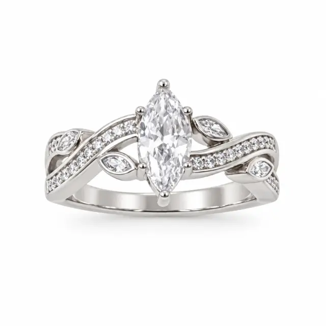 Marquise Cut CZ Engagement/Dress Ring with Crossover Pave Set Band in Sterling Silver