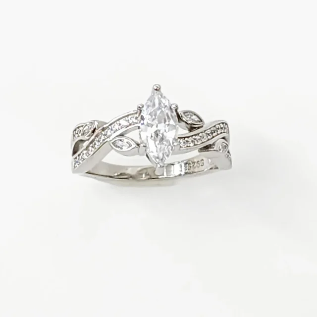 Marquise Cut CZ Engagement/Dress Ring with Crossover Pave Set Band in Sterling Silver