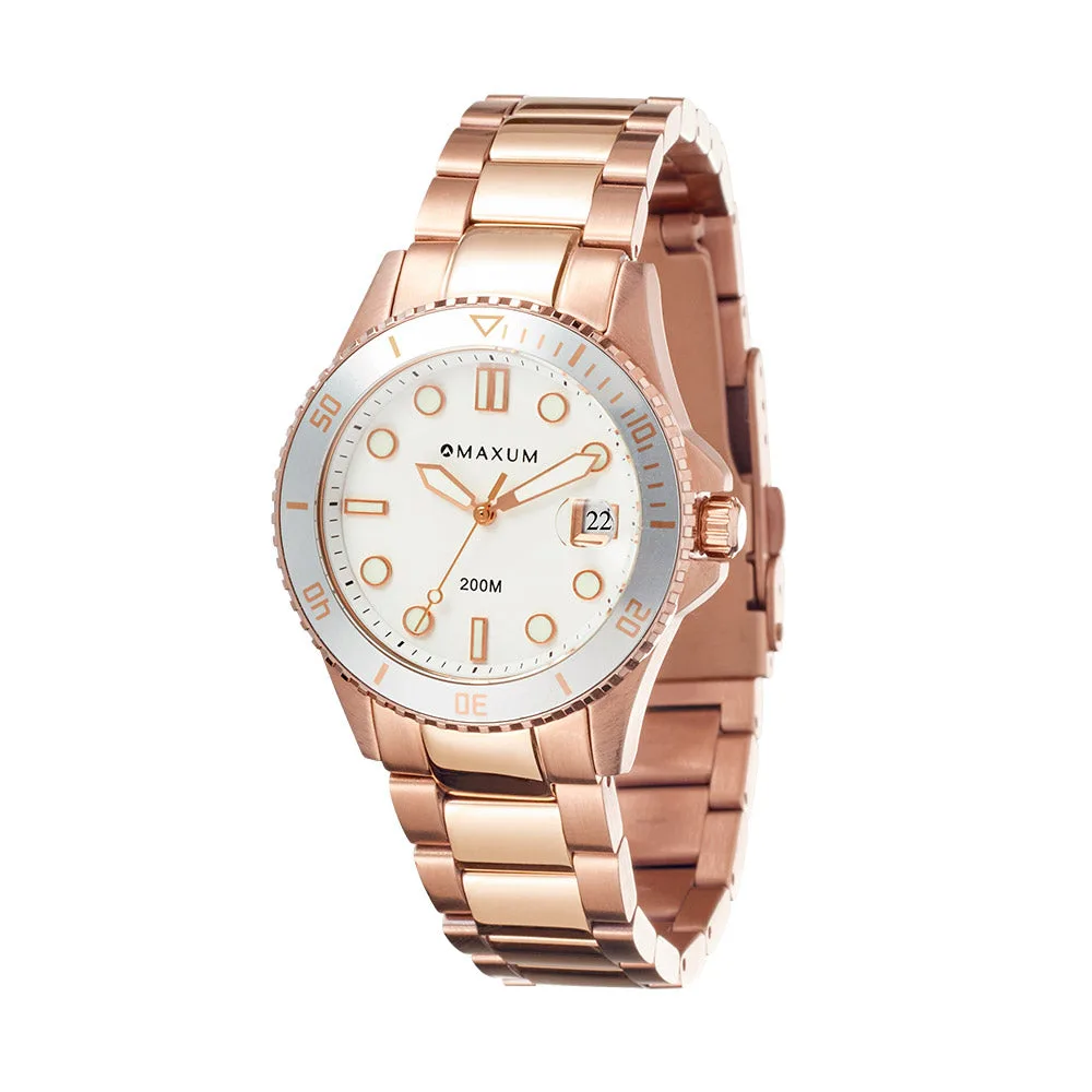 Maxum Liberty Ladies Analogue Date Watch, Rose Gold Case, White Dial & Rose Gold Bracelet 200m WR - MW23200L04