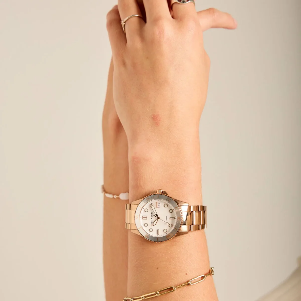 Maxum Liberty Ladies Analogue Date Watch, Rose Gold Case, White Dial & Rose Gold Bracelet 200m WR - MW23200L04