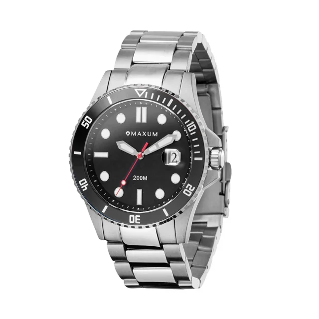Maxum Prince Analogue Date Watch, Black Dial, Silver Case & Bracelet 200M WR - MW23100G01
