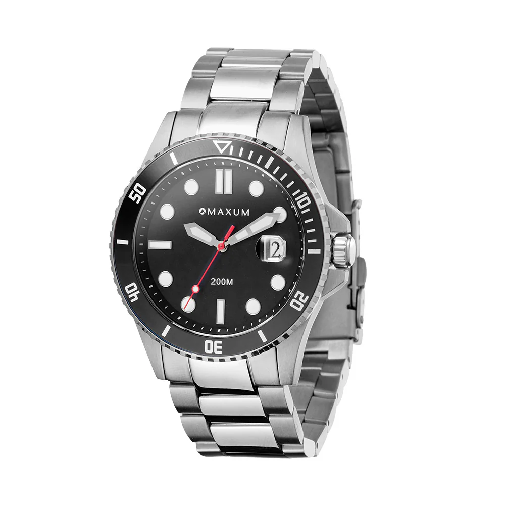 Maxum Prince Analogue Date Watch, Black Dial, Silver Case & Bracelet 200M WR - MW23100G01