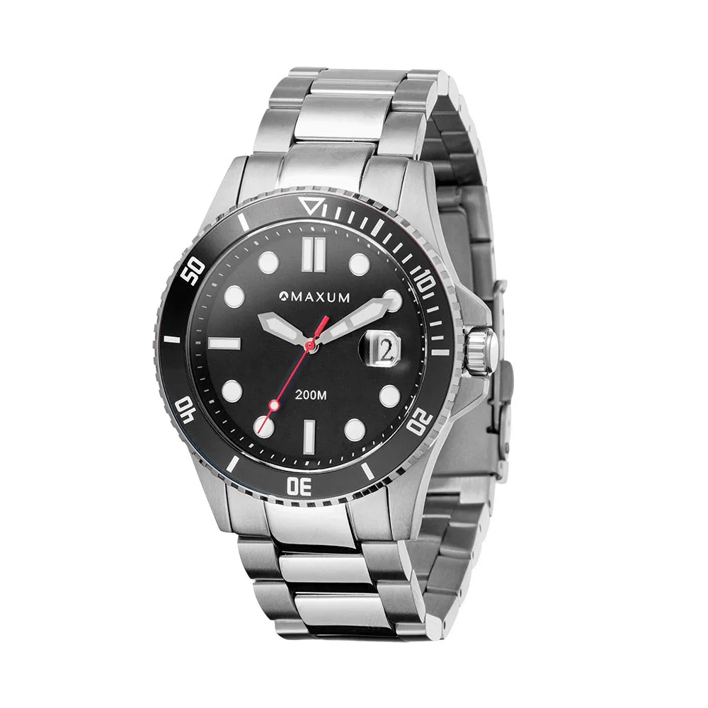 Maxum Prince Analogue Date Watch, Black Dial, Silver Case & Bracelet 200M WR - MW23100G01
