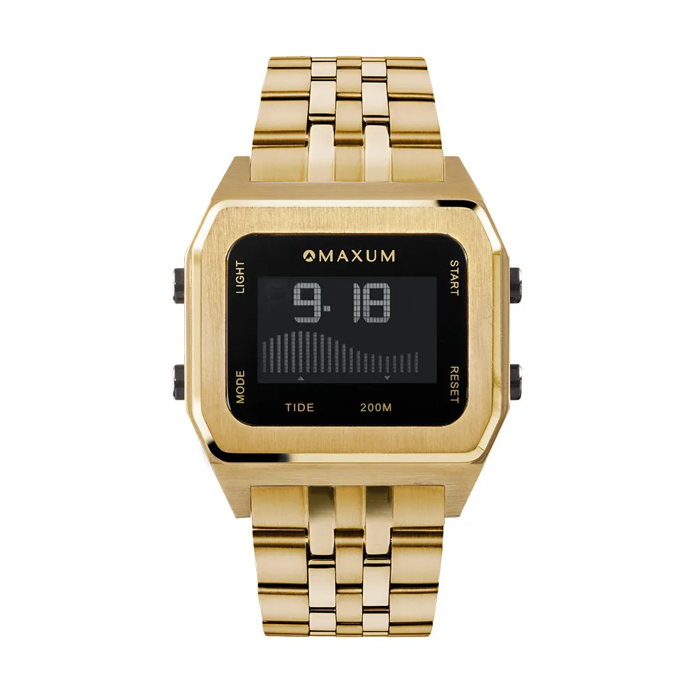 Maxum Raglan Digital Sqaure Dial Tide Watch Gold Tone Stainless Steel Case & Bracelet 200m WR - MW23104G03