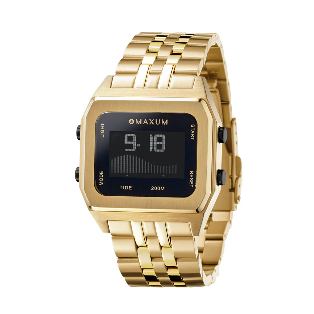 Maxum Raglan Digital Sqaure Dial Tide Watch Gold Tone Stainless Steel Case & Bracelet 200m WR - MW23104G03