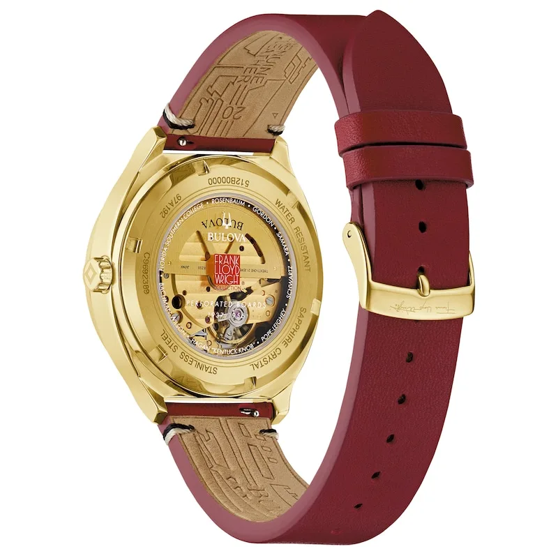 Men's Bulova Frank Lloyd Wright Gold-Tone IP Red leather Strap Automatic Watch with Black Dial - 97A192