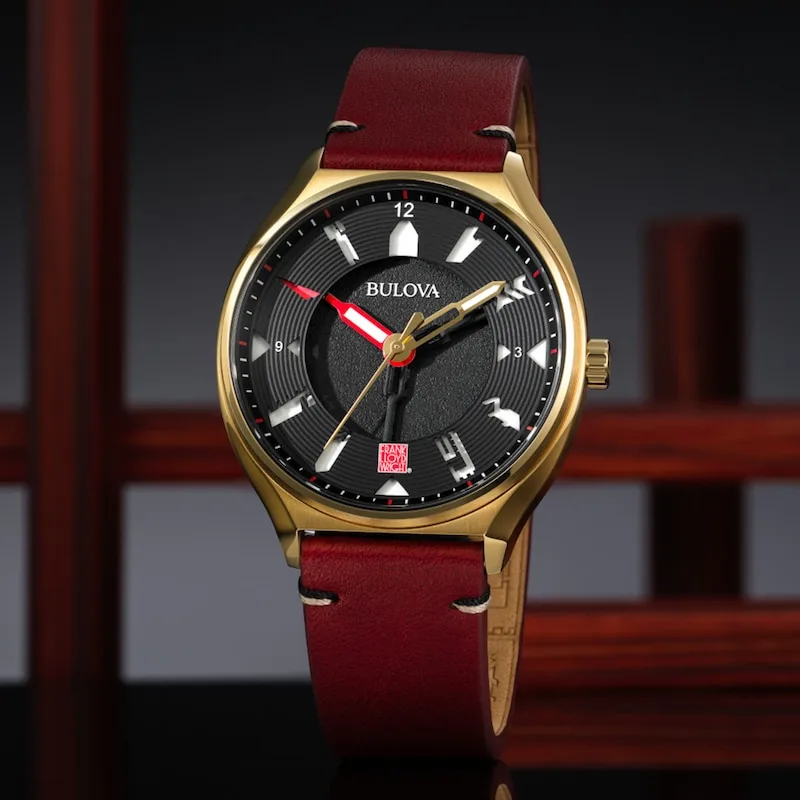 Men's Bulova Frank Lloyd Wright Gold-Tone IP Red leather Strap Automatic Watch with Black Dial - 97A192