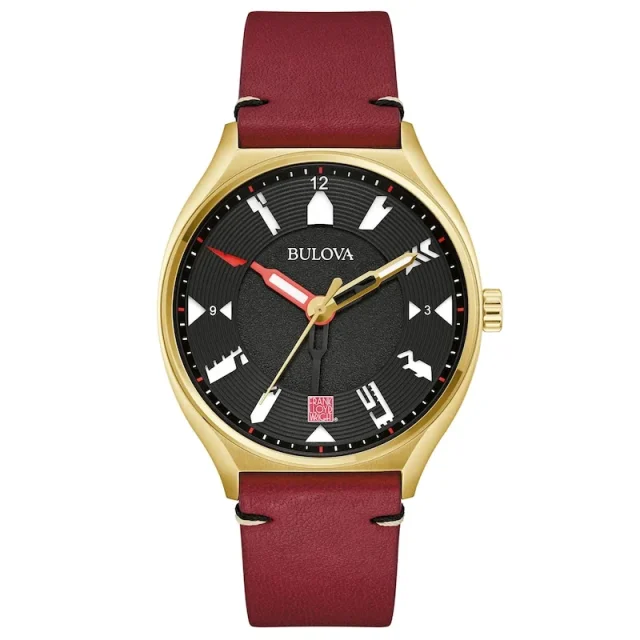 Men's Bulova Frank Lloyd Wright Gold-Tone IP Red leather Strap Automatic Watch with Black Dial - 97A192