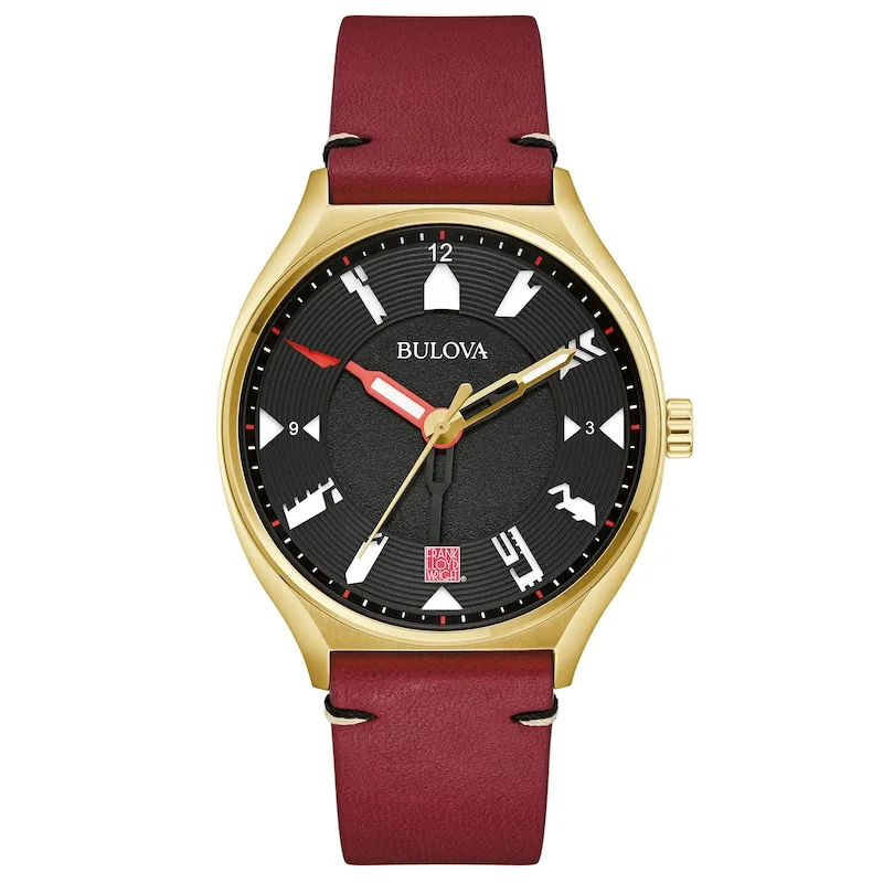 Men's Bulova Frank Lloyd Wright Gold-Tone IP Red leather Strap Automatic Watch with Black Dial - 97A192