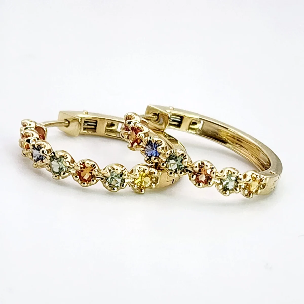 Multi Colour Natural Sapphire Hoop Earrings in 9ct Yellow Gold