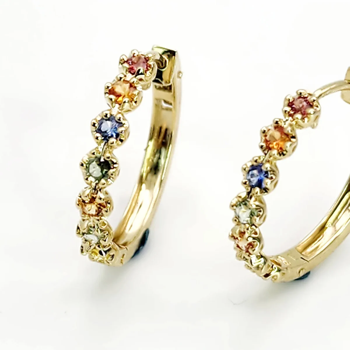 Multi Colour Natural Sapphire Hoop Earrings in 9ct Yellow Gold