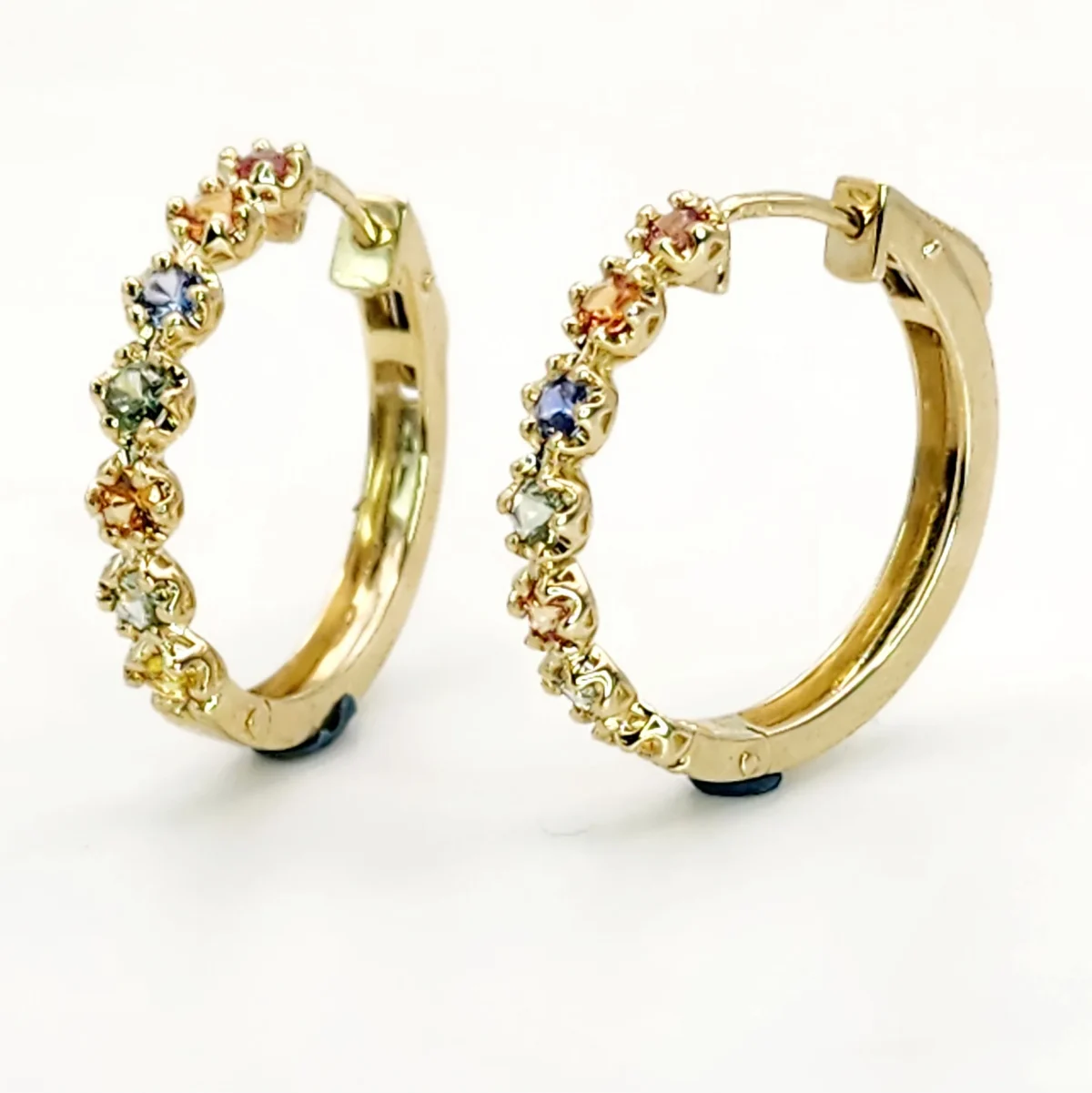 Multi Colour Natural Sapphire Hoop Earrings in 9ct Yellow Gold