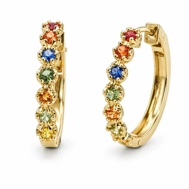 Multi Colour Natural Sapphire Hoop Earrings in 9ct Yellow Gold