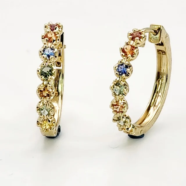 Multi Colour Natural Sapphire Hoop Earrings in 9ct Yellow Gold