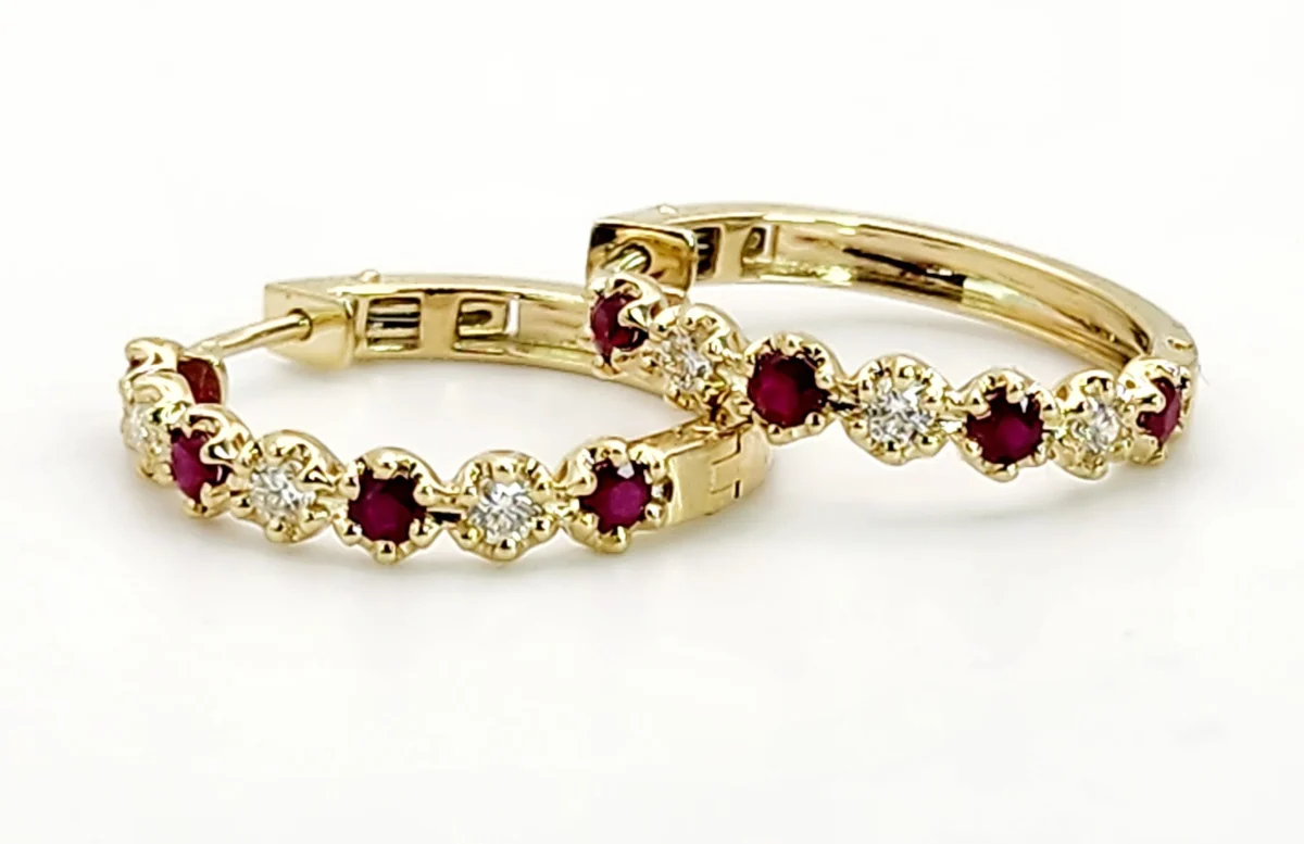 Natural Ruby & Diamond Hoop Earrings in 9ct Yellow Gold