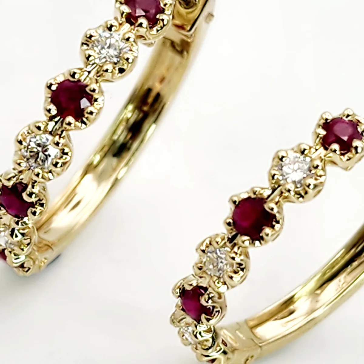 Natural Ruby & Diamond Hoop Earrings in 9ct Yellow Gold